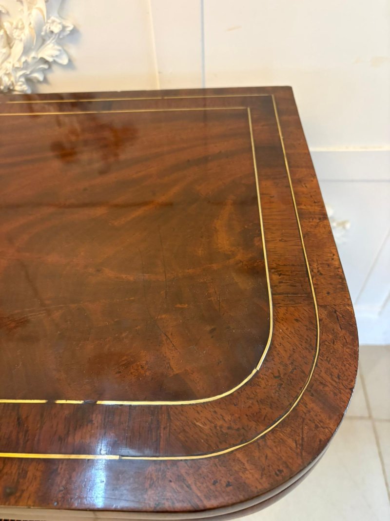 Antique English Regency Mahogany Brass Inlaid Fold Over Console Card Table - Image 10